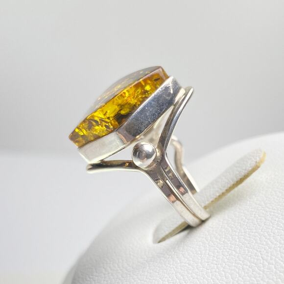 Polish Baltic Amber Ring 925 Sterling Silver Diamond Shape Size 7 Statement - Picture 4 of 12